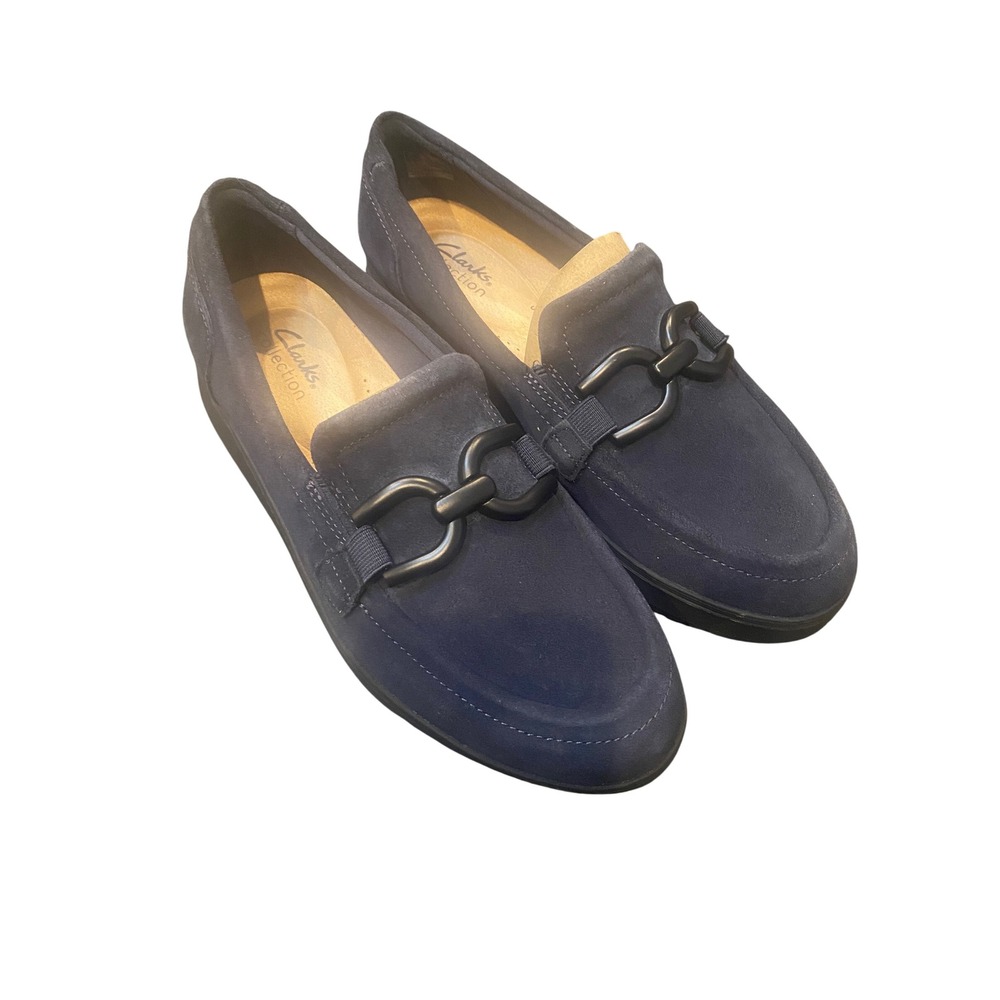 Clarks Collection Navy Suede Platform Loafers Chain Detail 8M ZYLHTPNVYSD